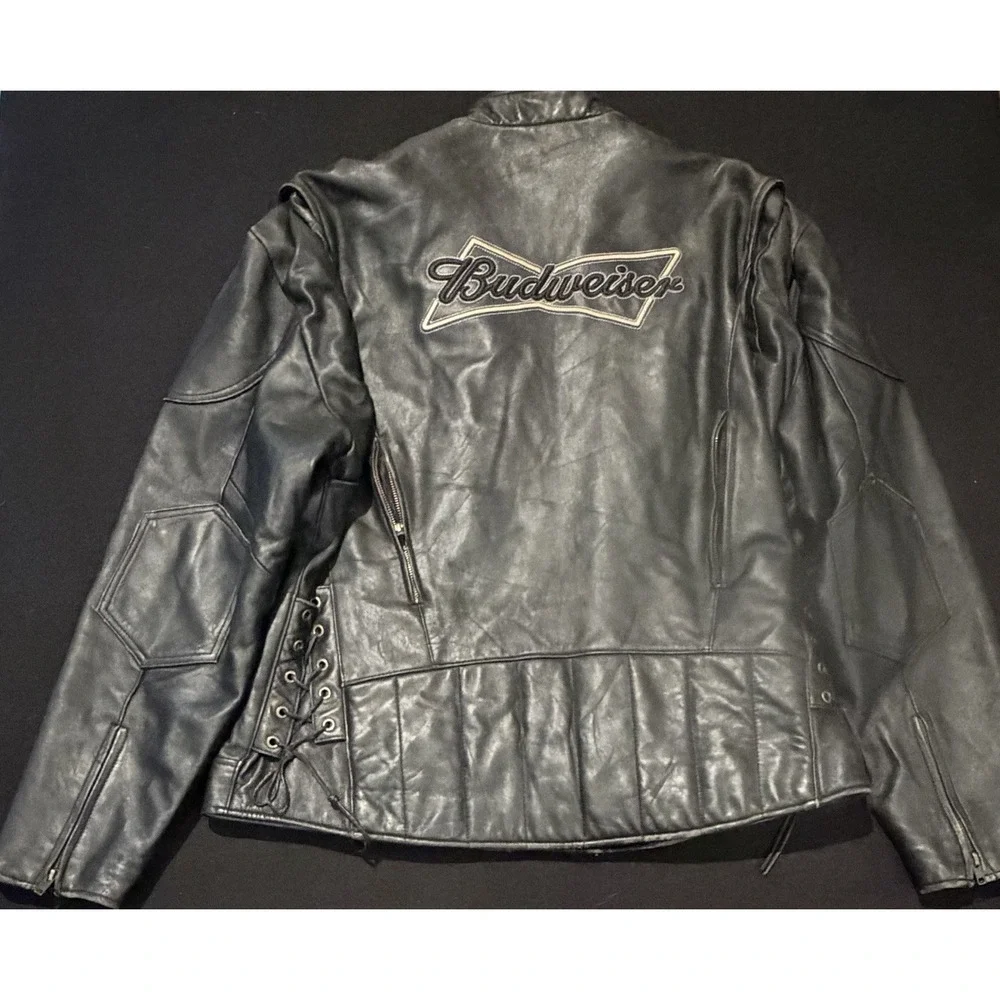 Budweiser Vintage Black Leather Embroidered Jacket Mens XL